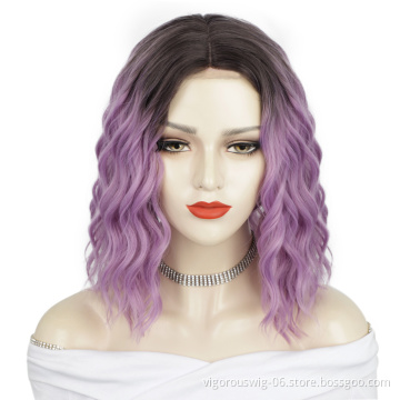 Vigorous Hot Selling High Quality Ombre Black Purple Cheap High Temperature Lace Frontal Short Bob Synthetic Wigs